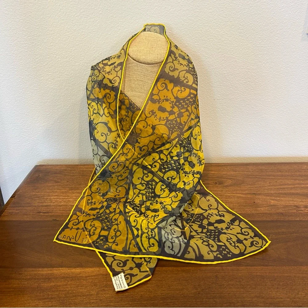 Vintage MOD 1970’s VERA NEUMANN Silk Scarf 44x13.5 Yellow Gray Baroque Verasheer - Picture 2 of 6